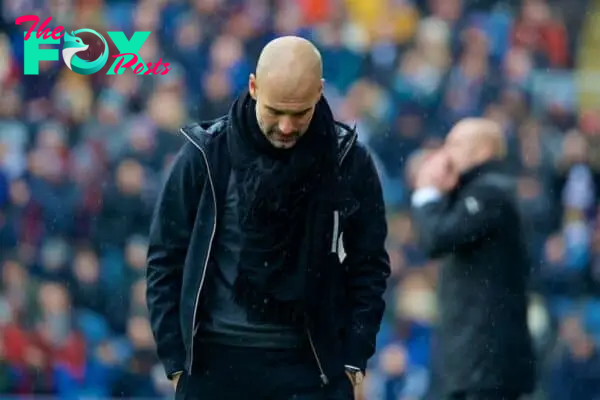 BURNLEY, ENGLAND - Saturday, February 3, 2018: Manchester City's manager Pep Guardiola looks dejected during the FA Premier League match between Burnley FC and Manchester City FC at Turf Moor. (Pic by David Rawcliffe/Propaganda)