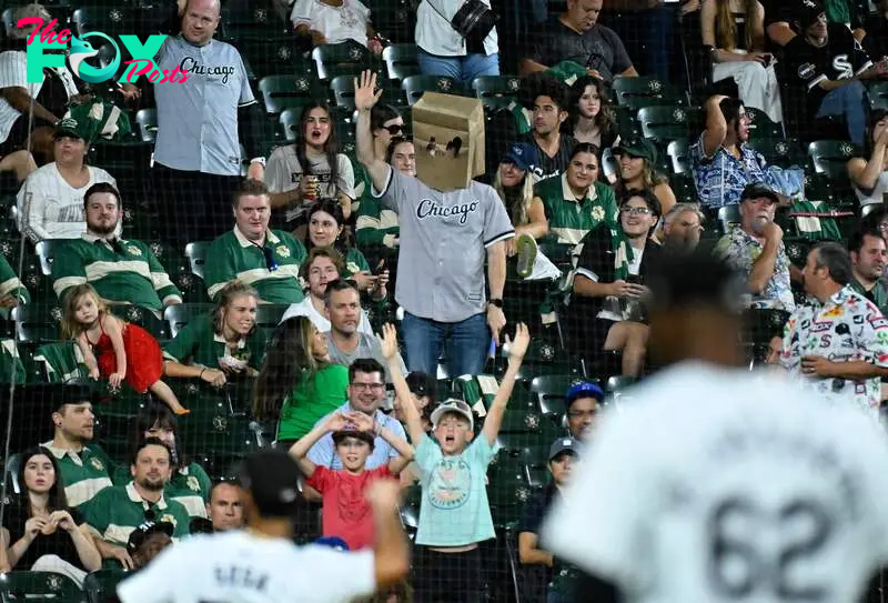 CHICAGO, ILLINOIS - SEPTEMBER 14: A fan wears a paper bag over his head during a game between the Chicago White Sox and the Oakland Athletics at Guaranteed Rate Field on September 14, 2024 in Chicago, Illinois.   Nuccio DiNuzzo/Getty Images/AFP (Photo by NUCCIO DINUZZO / GETTY IMAGES NORTH AMERICA / Getty Images via AFP)