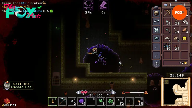 Below the Stone Caves Awaken part two update - The player fights through a dungeon, fending off mysterious purple slimes that are emanating a negative-hued ooze around them.