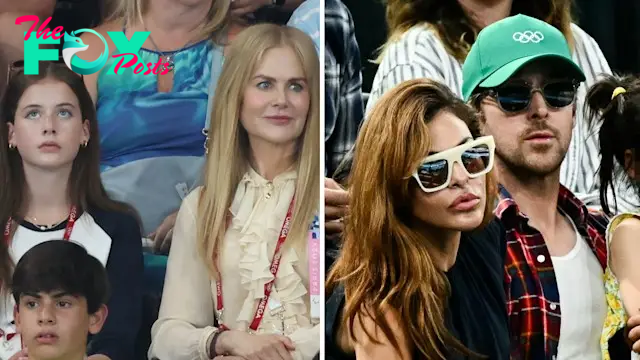 Split image of Nicole Kidman with her daughter Faith, and Eva Mendes with Ryan Gosling, attending the 2024 Olympics in Paris