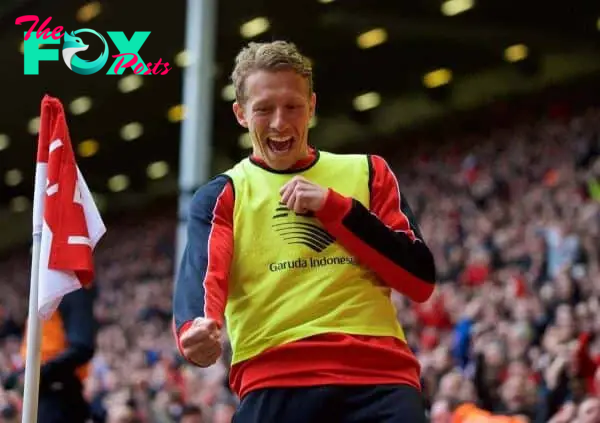 LIVERPOOL, ENGLAND - Sunday, April 10, 2016: Liverpool's Lucas Leiva celebrates his side's second goal after receiving abuse from Stoke City supporters during the Premier League match at Anfield. (Pic by David Rawcliffe/Propaganda)