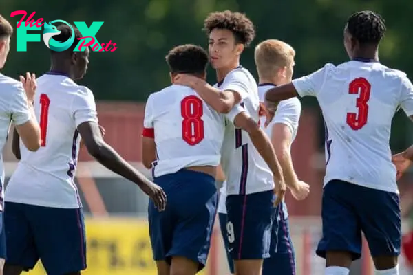 NEWPORT, WALES - Friday, September 3, 2021: England's captain Rico Lewis (#8) celebrates with team-mate Kaide Gordon (R) after scoring the equalising goal to level the score 1-1 during an International Friendly Challenge match between Wales Under-18's and England Under-18's at Spytty Park. (Pic by David Rawcliffe/Propaganda)