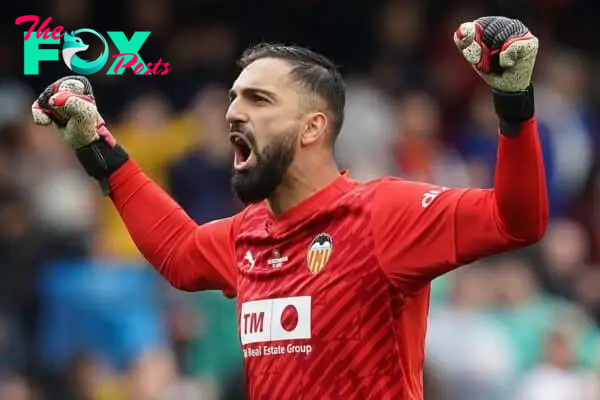 2WR90RN Valencia, Spain. 09th Mar, 2024. Valencia CF's Giorgi Mamardashvili celebrates goal during La Liga match. March 9, 2024. (Photo by Acero/Alter Photos/Sipa USA) Credit: Sipa US/Alamy Live News