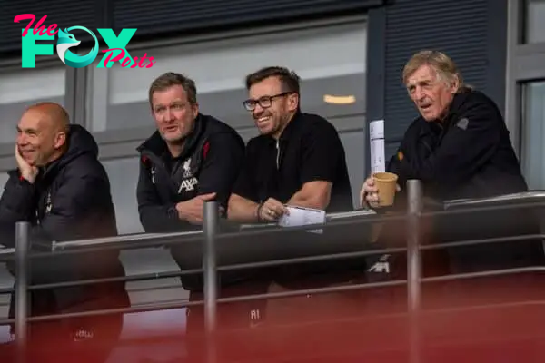 KIRKBY, ENGLAND - Wednesday, October 2, 2024: Liverpool's (L-R) Under-21's head coach Marc Bridge-Wilkinson, Academy Director Alex Inglethorpe, FSG chief executive of football Michael Edwards, and club Ambassador Sir Kenny Dalglish during the UEFA Youth League game between Liverpool FC Under-19's and Bologna FC 1909 Under-19's at the Liverpool Academy. (Photo by David Rawcliffe/Propaganda)