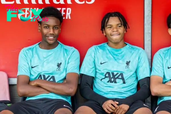 MILAN, ITALY - Tuesday, September 17, 2024: Liverpool's substitute Rio Ngumoha (2nd from L) on the bench with Alvin Ayman before the UEFA Youth League match day 1 game between AC Milan Under-19's and Liverpool FC Under-19's at Centro Sportivo Vismara. The game ended 0-0. (Photo by David Rawcliffe/Propaganda)