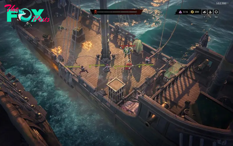 Pirates board the deck of a ship with fires breaking out on it