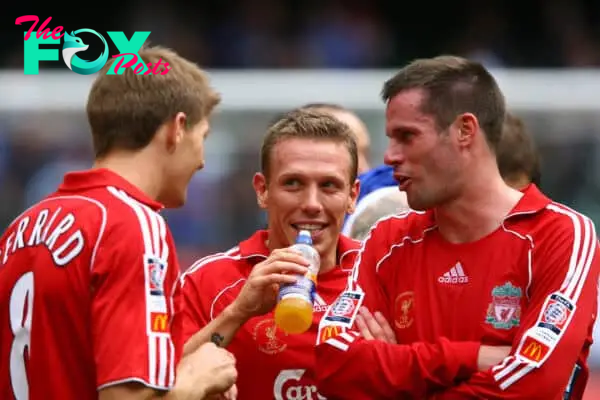 CARDIFF, WALES - SUNDAY, AUGUST 13th, 2006: Liverpool's Steven Gerrard, Craig Bellamy and Jamie Carragher celebrate 2-1 victory over Chelsea during the Community Shield match at the Millennium Stadium. (Pic by David Rawcliffe/Propaganda)