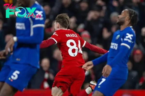 LIVERPOOL, ENGLAND - Wednesday, January 31, 2024: Liverpool's Conor Bradley celebrates after scoring the second goal, his first for the club, during the FA Premier League match between Liverpool FC and Chelsea FC at Anfield. Liverpool won 4-1. (Photo by David Rawcliffe/Propaganda)