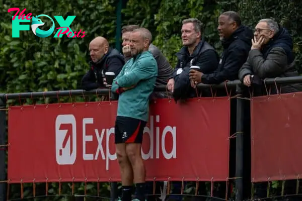 KIRKBY, ENGLAND - Wednesday, August 28, 2024: Liverpool's (L-R) Rob Jones, Jay Spearing, Alex Inglethorpe, John Barnes, Hugh McAuley during the Under-18's Premier League Cup match between Liverpool FC Under-18's and Arsenal FC Under-18's at the Liverpool Academy. Arsenal won 5-3. (Photo by David Rawcliffe/Propaganda)