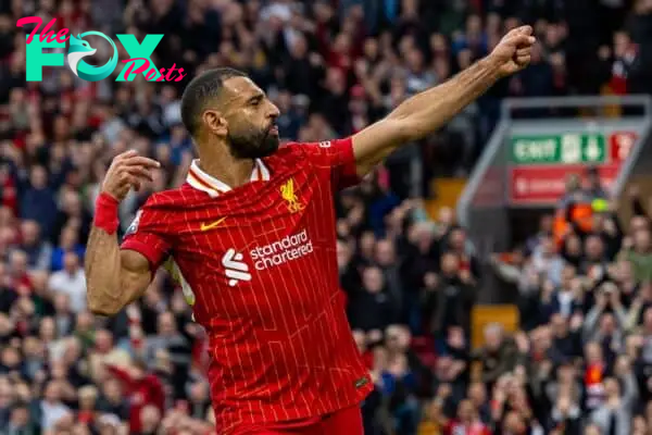 LIVERPOOL, ENGLAND - Sunday, August 25, 2024: Liverpool's Mohamed Salah celebrates after scoring the second goal during the FA Premier League match between Liverpool FC and Brentford FC at Anfield. (Photo by David Rawcliffe/Propaganda)