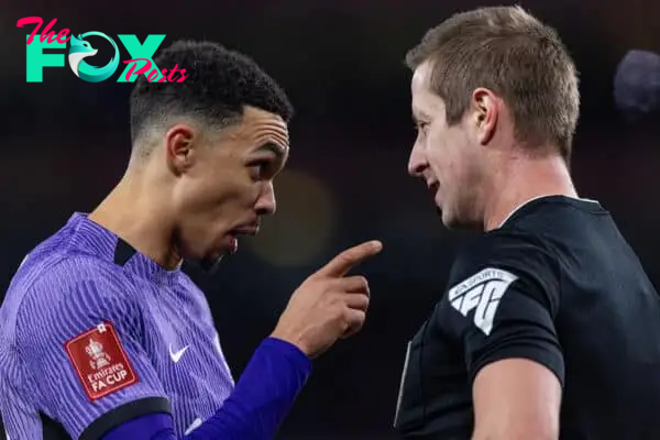 LONDON, ENGLAND - Sunday, January 7, 2024: Liverpool's Trent Alexander-Arnold speaks with referee John Brooks during the FA Cup 3rd Round match between Arsenal FC and Liverpool FC at the Emirates Stadium. Liverpool won 2-0. (Photo by David Rawcliffe/Propaganda)