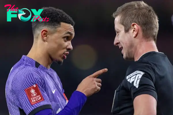 LONDON, ENGLAND - Sunday, January 7, 2024: Liverpool's Trent Alexander-Arnold speaks with referee John Brooks during the FA Cup 3rd Round match between Arsenal FC and Liverpool FC at the Emirates Stadium. Liverpool won 2-0. (Photo by David Rawcliffe/Propaganda)