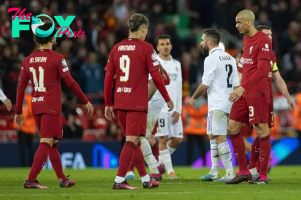 LIVERPOOL, ENGLAND - Tuesday, February 21, 2023: Liverpool's Fabio Henrique Tavares 'Fabinho' looks dejected after the UEFA Champions League Round of 16 1st Leg game between Liverpool FC and Real Madrid at Anfield. (Pic by David Rawcliffe/Propaganda)