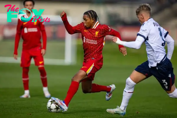 KIRKBY, ENGLAND - Wednesday, October 2, 2024: Liverpool's Rio Ngumoha during the UEFA Youth League game between Liverpool FC Under-19's and Bologna FC 1909 Under-19's at the Liverpool Academy. Liverpool won 2-1. (Photo by David Rawcliffe/Propaganda)