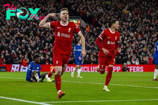 LIVERPOOL, ENGLAND - Wednesday, January 31, 2024: Liverpool's Diogo Jota celebrates after scoring the opening goal during the FA Premier League match between Liverpool FC and Chelsea FC at Anfield. (Photo by David Rawcliffe/Propaganda)