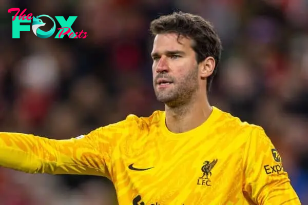 LIVERPOOL, ENGLAND - Wednesday, October 2, 2024: Liverpool's goalkeeper Alisson Becker during the UEFA Champions League game between Liverpool FC and Bologna FC 1909 at Anfield. (Photo by David Rawcliffe/Propaganda)