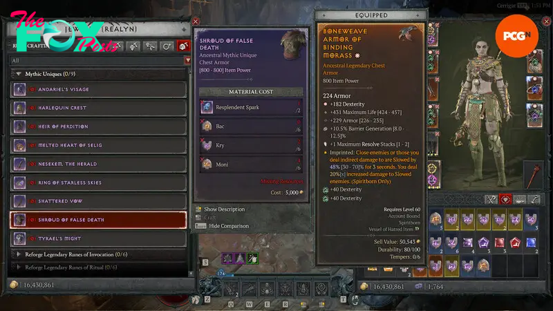 Diablo 4 Shroud of False Death - The menu to craft the new mythic unique item at the Jeweler in the Blizzard RPG.