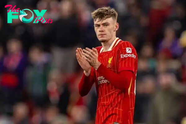 LIVERPOOL, ENGLAND - Wednesday, September 25, 2024: Liverpool's Conor Bradley applauds the supporters after the Football League Cup 3rd Round match between Liverpool FC and West Ham United FC at Anfield. (Photo by Ryan Brown/Propaganda)