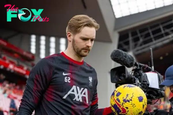 LIVERPOOL, ENGLAND - Saturday, February 10, 2024: Liverpool's goalkeeper Caoimhin Kelleher walks out for the warm-up before the FA Premier League match between Liverpool FC and Burnley FC at Anfield. Liverpool won 3-1. (Photo by David Rawcliffe/Propaganda)