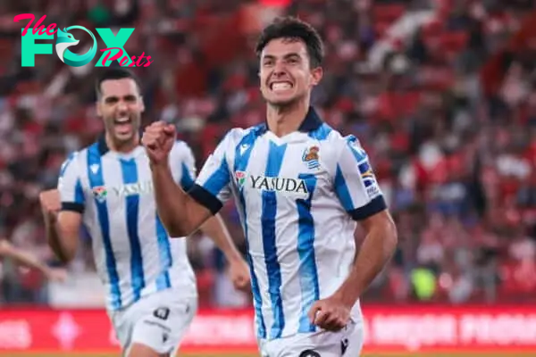 2T6RD42 November 11, 2023, Almeria, Spain: SEVILLE, SPAIN - NOVEMBER 11: Martin Zubimendi of Real Sociedad celebrate a goal during the La Liga EA Sports match between UD Almeria and Real Sociedad at Power Horse Stadium on November 11, 2023 in Almeria, Spain. (Credit Image: © Jose Luis Contreras/DAX via ZUMA Press Wire) EDITORIAL USAGE ONLY! Not for Commercial USAGE!