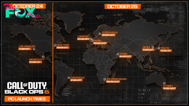 A map showing the release times for Call of Duty: Black Ops 6