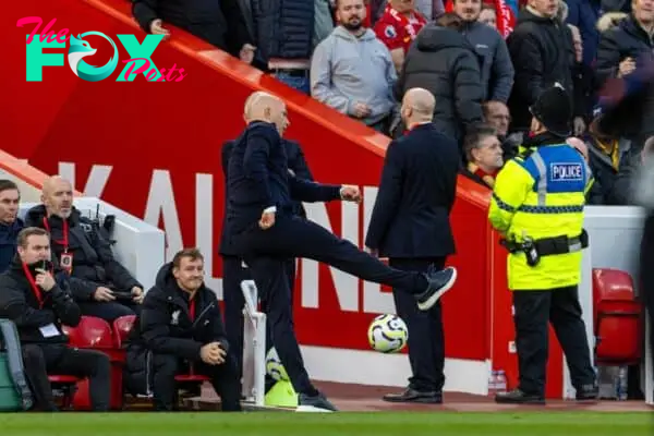 LIVERPOOL, ENGLAND - Saturday, October 19, 2024: Liverpool's head coach Arne Slot kicks the ball away during the FA Premier League match between Liverpool FC and Chelsea FC at Anfield. (Photo by David Rawcliffe/Propaganda)