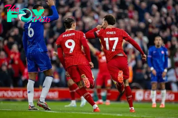 LIVERPOOL, ENGLAND - Saturday, October 19, 2024: Liverpool's Curtis Jones celebrates after scoring the second goal during the FA Premier League match between Liverpool FC and Chelsea FC at Anfield. (Photo by David Rawcliffe/Propaganda)