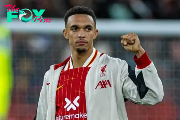 LIVERPOOL, ENGLAND - Saturday, October 19, 2024: Liverpool's Trent Alexander-Arnold celebrates after the FA Premier League match between Liverpool FC and Chelsea FC at Anfield. (Photo by David Rawcliffe/Propaganda)