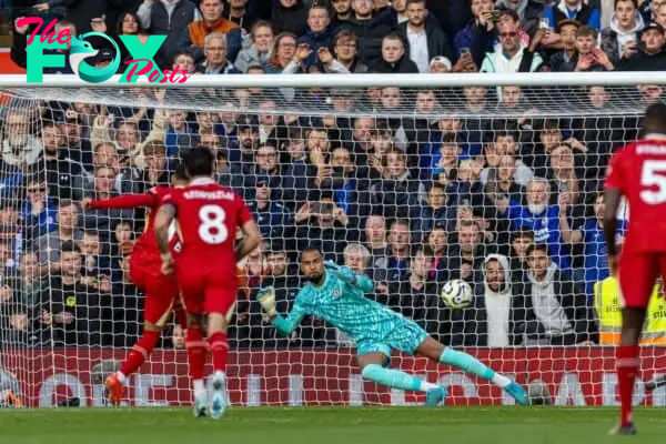 LIVERPOOL, ENGLAND - Saturday, October 19, 2024: Liverpool's Mohamed Salah scores the opening goal past Chelsea's goalkeeper Robert Sánchez from a penalty kick during the FA Premier League match between Liverpool FC and Chelsea FC at Anfield. (Photo by David Rawcliffe/Propaganda)