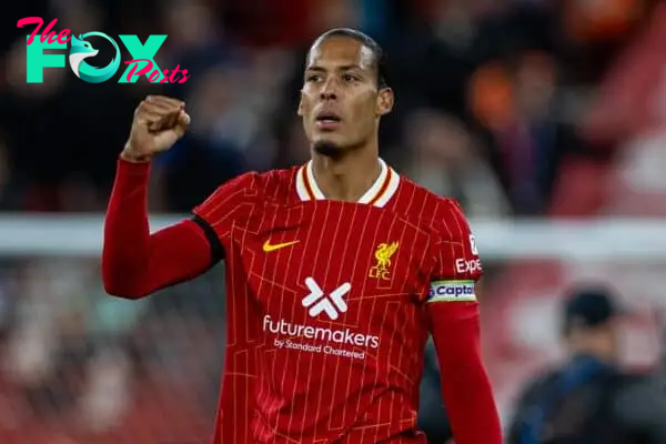 LIVERPOOL, ENGLAND - Saturday, October 19, 2024: Liverpool's captain Virgil van Dijk celebrates after the FA Premier League match between Liverpool FC and Chelsea FC at Anfield. Liverpool won 2-1. (Photo by David Rawcliffe/Propaganda)