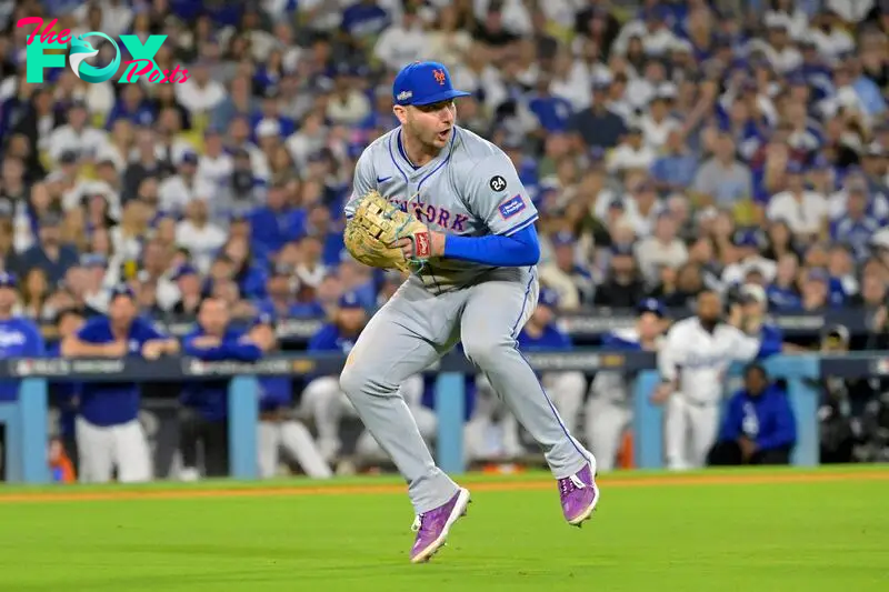 Oct 20, 2024; Los Angeles, California, USA; New York Mets first baseman Pete Alonso (20) fields the ball hit by Los Angeles Dodgers second baseman Chris Taylor (not pictured) in the sixth inning during game six of the NLCS for the 2024 MLB playoffs at Dodger Stadium. Mandatory Credit: Jayne Kamin-Oncea-Imagn Images