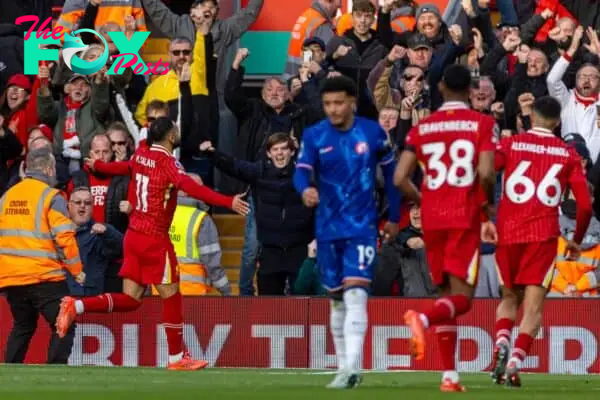 LIVERPOOL, ENGLAND - Saturday, October 19, 2024: Liverpool's Mohamed Salah celebrates after scoring the opening goal from a penalty kick during the FA Premier League match between Liverpool FC and Chelsea FC at Anfield. (Photo by David Rawcliffe/Propaganda)