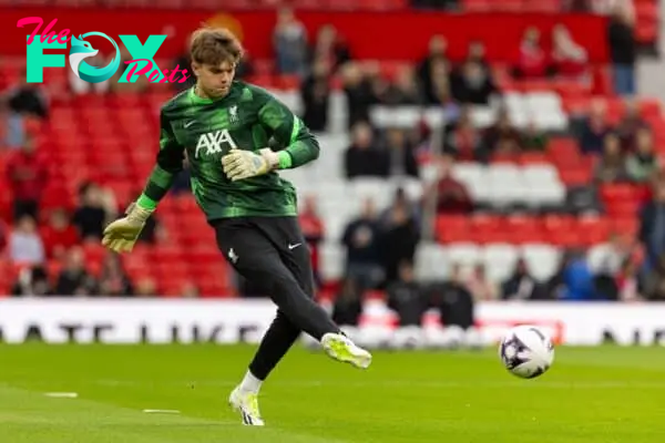 MANCHESTER, ENGLAND - Sunday, April 7, 2024: Liverpool's goalkeeper Kornel Misciur during the pre-match warm-up before the FA Premier League match between Manchester United FC and Liverpool FC at Old Trafford. The game ended in a 2-2 draw. (Photo by David Rawcliffe/Propaganda)