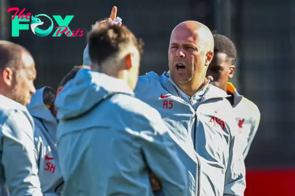 LIVERPOOL, ENGLAND - Monday, October 21, 2024: Liverpool's head coach Arne Slot during a training session at the AXA Training Centre ahead of the UEFA Champions League match between RB Leipzig and Liverpool FC. (Photo by David Rawcliffe/Propaganda)