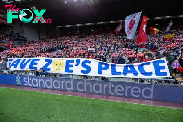 LIVERPOOL, ENGLAND - Saturday, October 19, 2024: Liverpool supporters' banner "Save Zoe's Place" on the Spion Kop during the FA Premier League match between Liverpool FC and Chelsea FC at Anfield. Liverpool won 2-1. (Photo by David Rawcliffe/Propaganda)