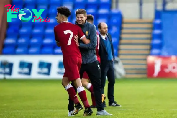 BIRKENHEAD, ENGLAND - Wednesday, September 13, 2017: Liverpool Under 18's manager Steven Gerrard celebrates with Curtis Jones at the end of the UEFA Youth League Group E match between Liverpool and Sevilla at Prenton Park. (Pic by Paul Greenwood/Propaganda)