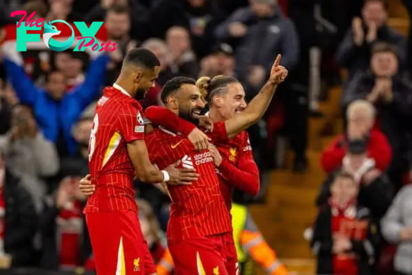 LIVERPOOL, ENGLAND - Wednesday, October 2, 2024: Liverpool's Mohamed Salah celebrates after scoring the second goal during the UEFA Champions League game between Liverpool FC and Bologna FC 1909 at Anfield. (Photo by David Rawcliffe/Propaganda)