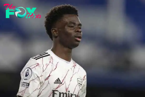 LIVERPOOL, ENGLAND - Saturday, December 19, 2020: Arsenal's Bukayo Saka during the FA Premier League match between Everton FC and Arsenal FC at Goodison Park. Everton won 2-1. (Pic by David Rawcliffe/Propaganda)