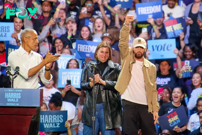 Eminem introduces former president Barack Obama during a rally to supporters Harris in Detroit, Mich., on Oct. 22.