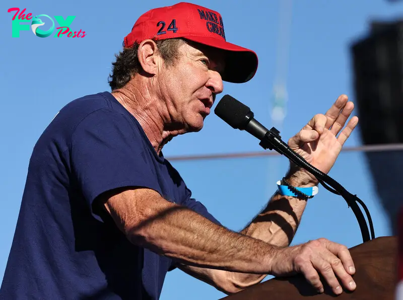 Dennis Quaid speaks at a campaign rally for Trump in Coachella, Calif. on Oct. 12.