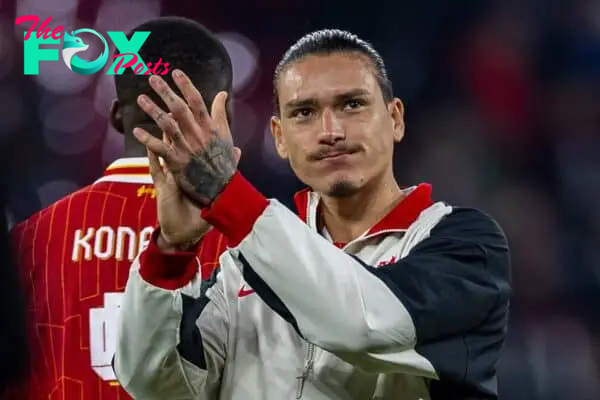 LEIPZIG, GERMANY - Wednesday, October 23, 2024: Liverpool's Darwin Núñez celebrates after the UEFA Champions League Match Day 3 game between RB Leipzig and Liverpool FC at the Red Bull Arena. Liverpool won 1-0. (Photo by David Rawcliffe/Propaganda)