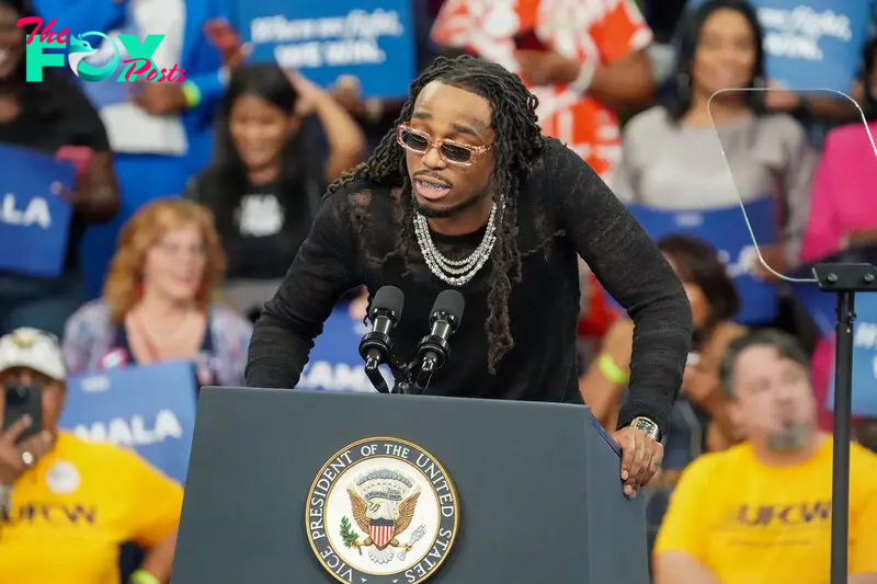 Quavo speaks onstage at a campaign rally in Atlanta on July 30.