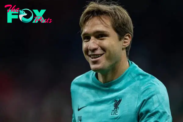 MILAN, ITALY - Tuesday, September 17, 2024: Liverpool's Federico Chiesa during the pre-match warm-up before the UEFA Champions League game between AC Milan and Liverpool FC at the Stadio San Siro. Liverpool won 3-1. (Photo by David Rawcliffe/Propaganda)