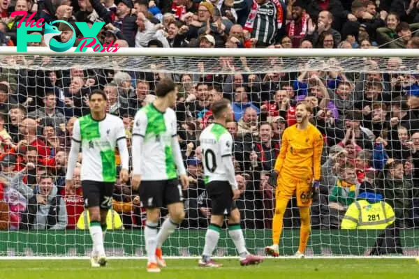 MANCHESTER, ENGLAND - Sunday, April 7, 2024: Liverpool's goalkeeper Caoimhin Kelleher reacts as Manchester United score a second goal during the FA Premier League match between Manchester United FC and Liverpool FC at Old Trafford. (Photo by David Rawcliffe/Propaganda)