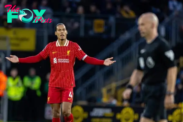 WOLVERHAMPTON, ENGLAND - Saturday, September 28, 2024: Liverpool's captain Virgil van Dijk shows his incredulity at another baffling decision from the error-prone referee Anthony Taylor during the FA Premier League match between Wolverhampton Wanderers FC and Liverpool FC at Molineux Stadium. (Photo by David Rawcliffe/Propaganda)