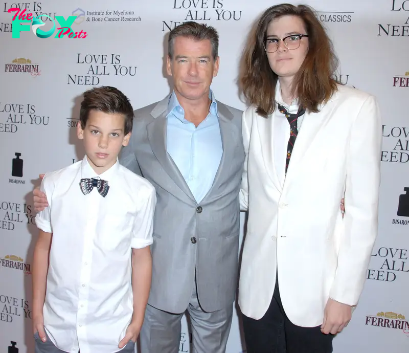 Pierce Brosnan with his sons Paris Brosnan and Dylan Brosnan at the premiere of "Love Is All You Need" on April 25, 2013, in Hollywood, California. | Source: Getty Images