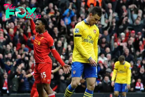 LIVERPOOL, ENGLAND - Saturday, February 8, 2014: Liverpool's Daniel Sturridge celebrates scoring the fourth goal against Arsenal during the Premiership match at Anfield. (Pic by David Rawcliffe/Propaganda)