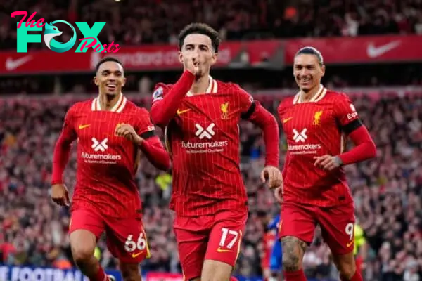 2YBY591 Liverpool's Curtis Jones (centre) celebrates scoring their side's second goal of the game during the Premier League match at Anfield, Liverpool. Picture date: Sunday October 20, 2024.