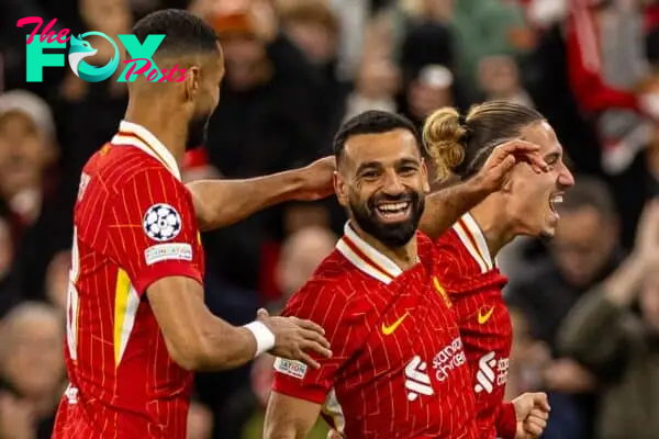 LIVERPOOL, ENGLAND - Wednesday, October 2, 2024: Liverpool's Mohamed Salah celebrates after scoring the second goal during the UEFA Champions League game between Liverpool FC and Bologna FC 1909 at Anfield. (Photo by David Rawcliffe/Propaganda)