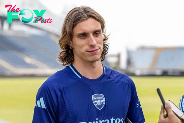 PHILADELPHIA - Monday, July 29, 2024: Arsenal's new signing Riccardo Calafiori speaks to the media after an open training session at Philadelphia Union's Subaru Park ahead of a pre-season friendly match against Liverpool FC. (Photo by David Rawcliffe/Propaganda)